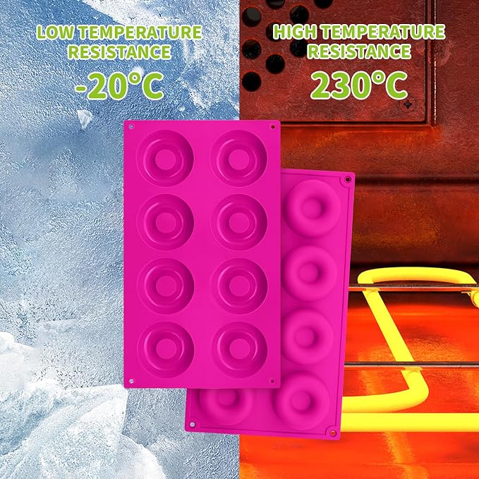 2er Pack Silicone Donut Mold - Non-Stick Silicone Doughnut Pan DIY Chocolate Baking Cookie Molds, Heat Resistant, Make Donut Cake Biscuit Bagels, BPA Free Dishwasher Safe (rose red, 8 Cavities)