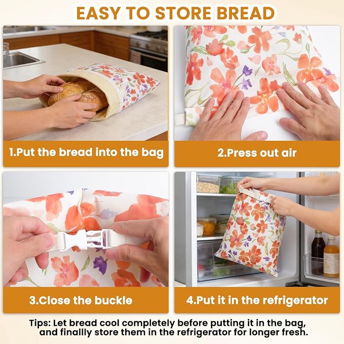 Beeswax Bread Bag for Homemade Bread Sourdough, 2 Pack Reusable Bees Waxed Infused Linen Wrap for Baguette Loaf Bread Freezer, Fresh Food Keeper Storage Container, Homesteading Essentials Flower Bloom