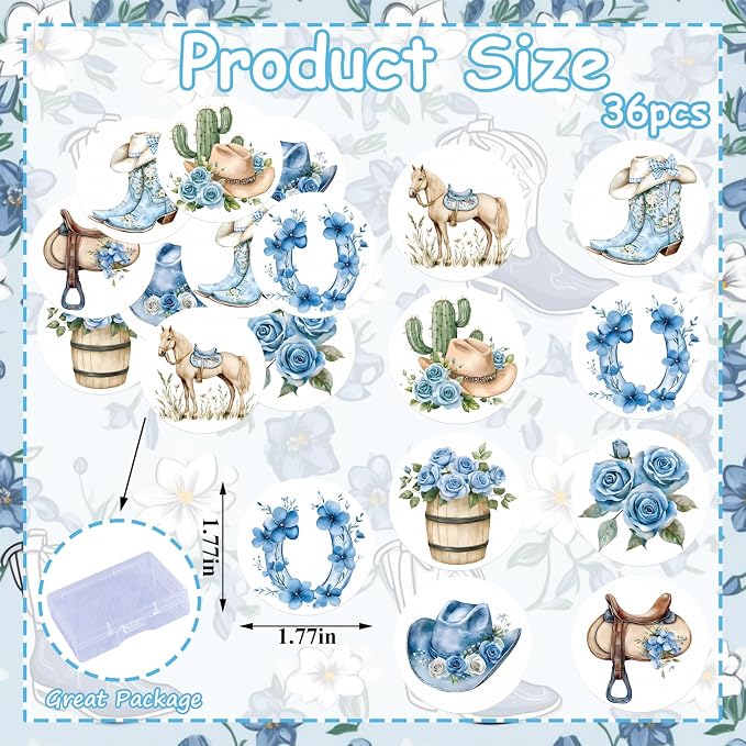 36PCS Edible Floral Horse Cupcake Toppers Wafer Paper Blue Pop-up Derby Horse Cowboy Cake Picks Edible Rodeo Western Boots Cupcake Toppers for Jockeys Equestrian Theme Supplies