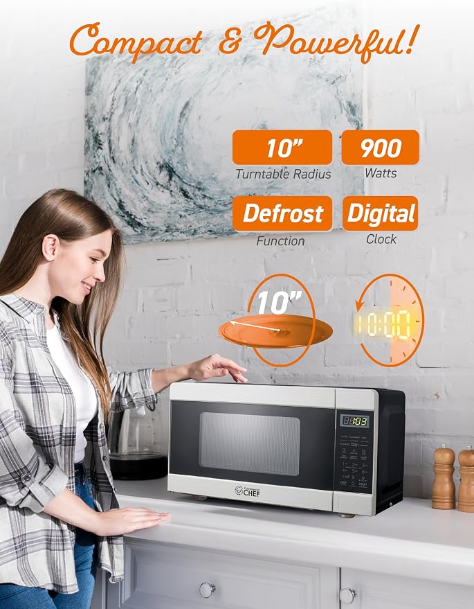 COMMERCIAL CHEF 0.9 Cu Ft Microwave with 10 Power Levels, Push Button and Child Lock, 900 Watt Microwave with Digital Controls, Countertop Microwave with Timer and Quick-Touch Menu, Stainless Steel