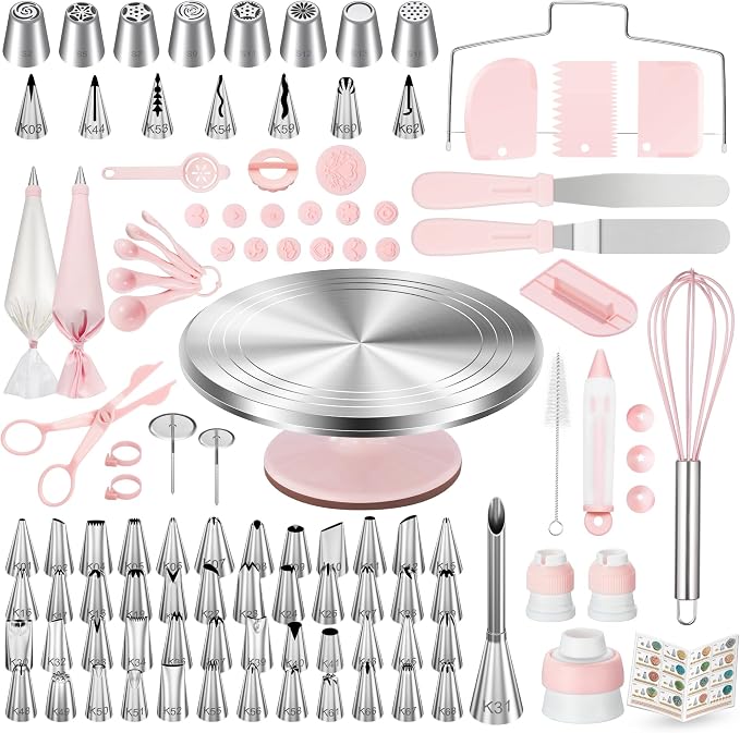 Kootek 158PCs Cake Decorating Kit with Aluminum Cake Turntable, 64 Piping Tips, 50+2 Pastry Bags, Frosting Spatulas, Leveler, Scrapers, Fondant Molds, and More Baking Supplies Decorating Tools(Pink)