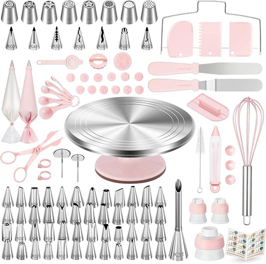 Kootek 158PCs Cake Decorating Kit with Aluminum Cake Turntable, 64 Piping Tips, 50+2 Pastry Bags, Frosting Spatulas, Leveler, Scrapers, Fondant Molds, and More Baking Supplies Decorating Tools(Pink)