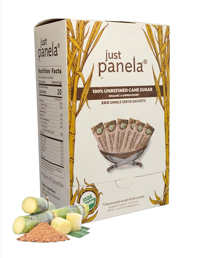 Just Panela Organic Unrefined Cane Sugar Packets, 200 Ct box | 100% Unprocessed, Raw Sugar | Great for Baking, Cooking & Sweetening | Healthier Alternative to Regular Refined Sugar