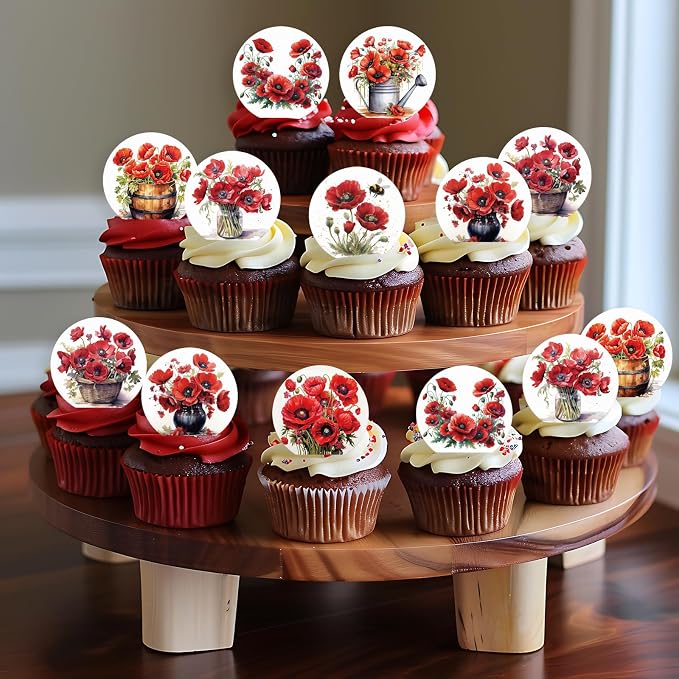 36PCS Edible Red Poppy Flowers Cupcake Toppers Wafer Paper Red Flowers Cake Picks Edible Poppy Wildflowers Cupcake Toppers for Wedding Birthday Theme Floral Cake Decor Supplies