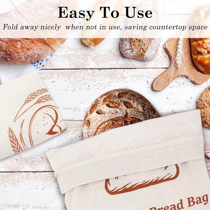 2 Pack Reusable Linen Bread Storage Bags with Plastic Lining, Sourdough Bread Keeper for Home Bakers, 12x15 Inch (2 patterns)