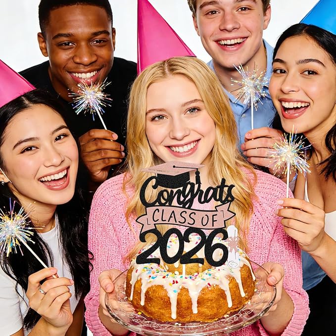 Congrats Class of 2026 Cake Topper Congrats Grad Cap Diploma Theme for High School Happy Graduation Party Supplies College Graduate Decoration (Rose Gold)
