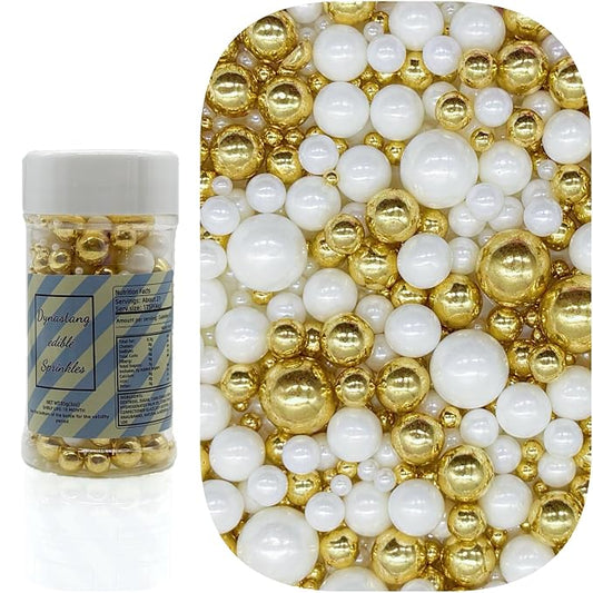 Dynastang Mixed Size Super Gold & White Pearls Sprinkles Edible Pearls Cake Decorations Cupcake Toppers Decorating Perfect for Cakes, Cupcakes, Desserts 3OZ
