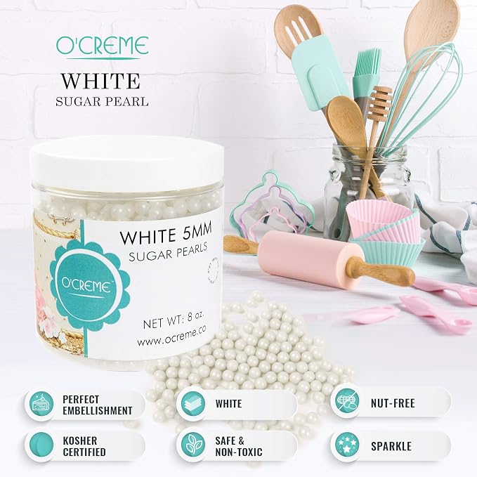 O'Creme White Edible Sugar Pearls Cake Decorating Supplies for Bakers: Cookie, Cupcake & Icing Toppings, Beads Sprinkles For Baking, Certified, Candy Sugar Ball Accents (12mm, 8 Oz)