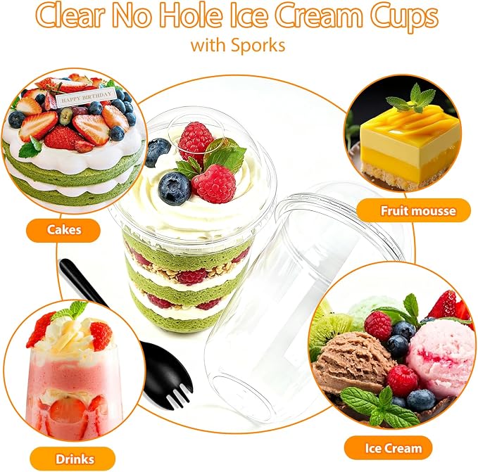 Jnnzzggu 50 Pack 16 oz Plastic Dessert Cups with Dome Lids | Clear No Hole, Includes Sporks, Disposable, For Pudding Parfait Fruit Cake