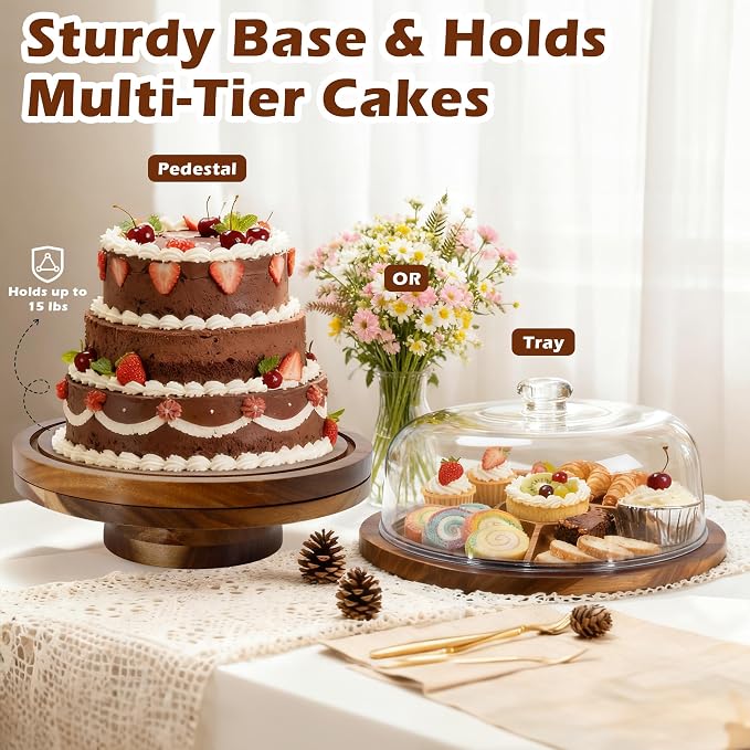 Jolitac Acacia Wood Cake Stand with Lid – 12" Wooden Rotating Cake Stand with Dome Cover, Round Cake Holder Stand with 4 Bonus Cake Sheets, Serving Tray for Cake, Cheese, Charcuterie & Parties