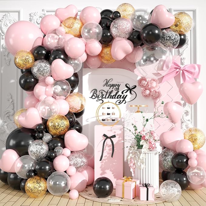 Pink and Black Balloon Arch Kit, Black Pink Balloons Garland Arch Kit, Macaron Heart Latex Balloons, Gold Silver Confetti Balloon For Girl Women Birthday Valentine's Day Mother's Day Party Wedding