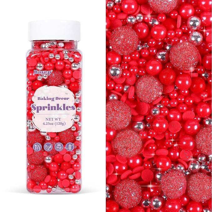 Red Sprinkles for Baking 4.23ounce - Sparkle Pearl Candy for Cupcake Toppers, Ice Cream, Candy, Cookie Decorations - Silver Sprinkles for Valentines Bridal Shower Wedding Party