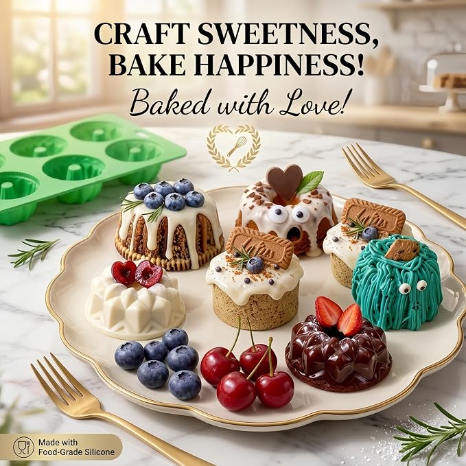 3PCS Mini Fluted Tube Cake Pan - 6-Cavity Silicone Baking Mold with Metal Reinforced Frame, Non-Stick Mini Cake Pan for Cupcakes/Donuts/Brownies/Jellies, Gift for Bakers & Home Kitchen