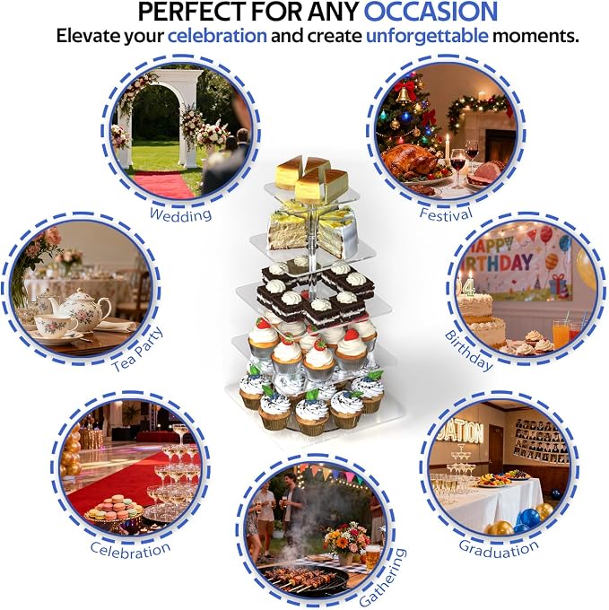 5-Tier Rotating Cupcake Stand, Clear Acrylic 360° Spinning Dessert Display Tower for Cakes & Pastries, Serving Stand for Weddings, Birthdays, Parties - Square