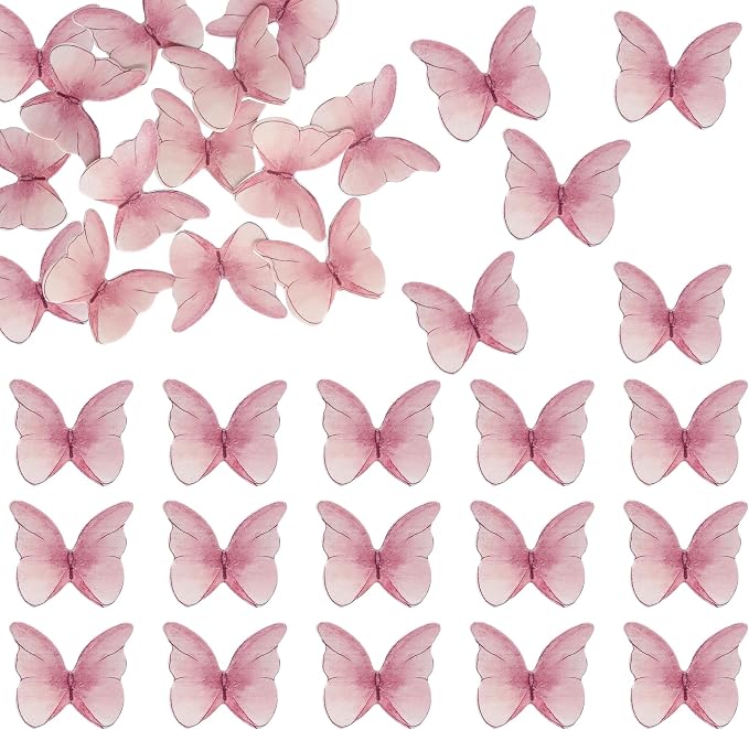 Ephlyn 48Pcs Edible 3D Butterfly Cupcake Toppers - Cute Cake Picks for Baby Shower, Bridal Shower, Birthday Party - Pink