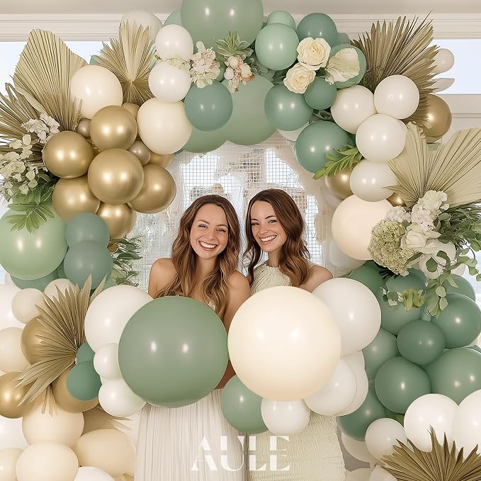 AULE Sage Green Balloon Arch Kit 155Pcs Olive Dusty Green Sand White Gold Balloons Garland for Wedding Birthday Graduation Anniversary Gender Reveal Baby Shower Theme Party Decoration