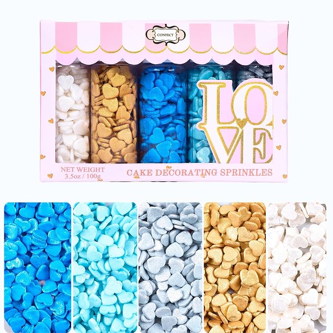 Confect Sprinkle- Blue, Gold, White & Silver Edible Sprinkle Mix | Pack of 5 for Cakes, Cookies, Cupcakes & Baking Decor |Frozen-Themed Heart Sprinkles | Birthday & Party Toppings | Vegan, Gluten-Free – 5 Oz