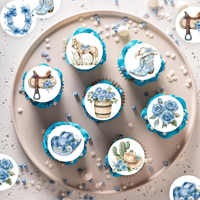 36PCS Edible Floral Horse Cupcake Toppers Wafer Paper Blue Pop-up Derby Horse Cowboy Cake Picks Edible Rodeo Western Boots Cupcake Toppers for Jockeys Equestrian Theme Supplies