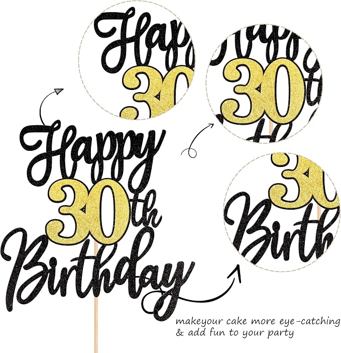 1 PCS Happy 30th Birthday Cake Topper Black Gold Glitter Cheers to 30 Years Birthday Cake Pick 30 Fabulous Cake Decoration for Happy 30th Birthday Anniversary Party Cake Decorations Supplies