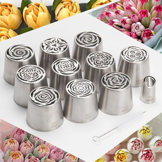 Extra Large Russian Piping Tip Set - 10 Stainless Steel Marshmallow Buttercream Framing Nozzles for Roses Tulip Cake Decorations and Bouquets, Includes 1 Leaf Nozzles and 1 Cleaning Brush(10A)