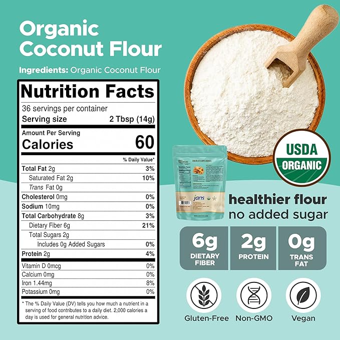 Jans Organic Coconut Flour (1.1 lb, Pack of 3) Certified Organic, Gluten-Free, Keto, Paleo, Vegan Friendly, Multi Purpose Flour Alternative, High Fiber