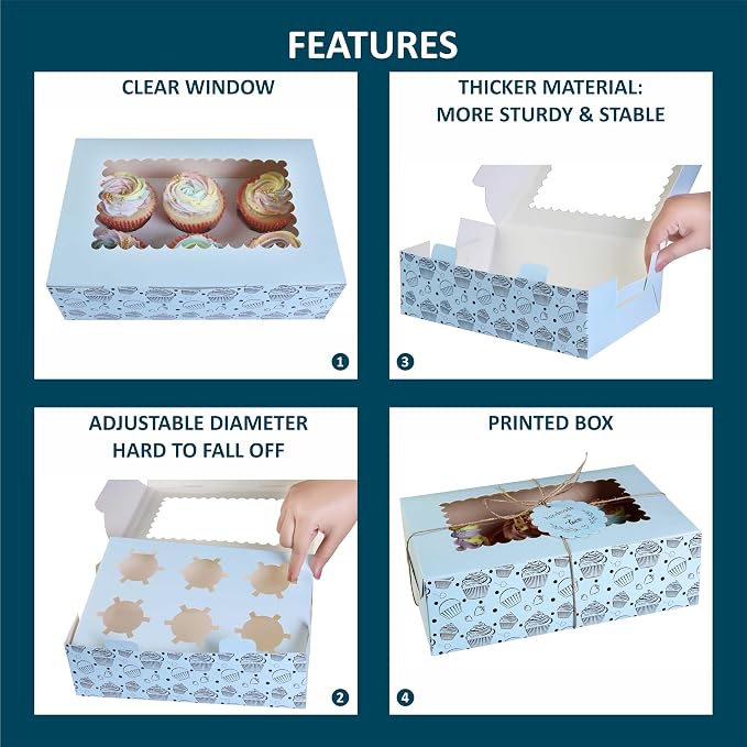 Cupcake and Muffin Boxes (Pack of 20), Fits 6 Treats comes with Insert trays, Tags and Twine (Blue)