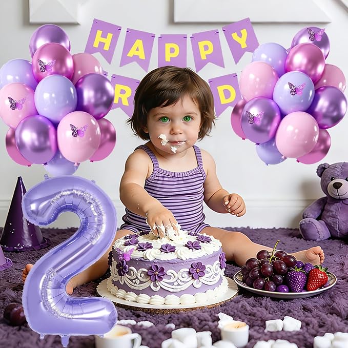 2nd Birthday Decorations for Girl -12 inch Purple Pink Balloons, 40 Inch Purple 2 Balloon,3D Butterflies Stickers, Happy Birthday Banner for Baby Girl 2 Year Old BD Party Decorations