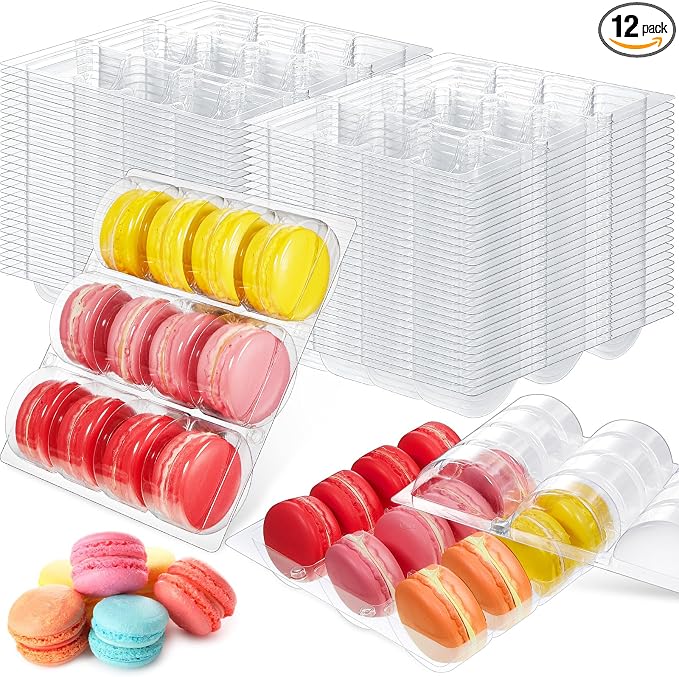 Sherr 12 Pcs Macaron Boxes Clear Plastic Macaron Storage Containers Macaroon Packaging Display Trays for Cookie, Wedding, Party Gifts