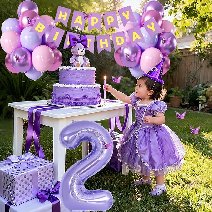2nd Birthday Decorations for Girl -12 inch Purple Pink Balloons, 40 Inch Purple 2 Balloon,3D Butterflies Stickers, Happy Birthday Banner for Baby Girl 2 Year Old BD Party Decorations