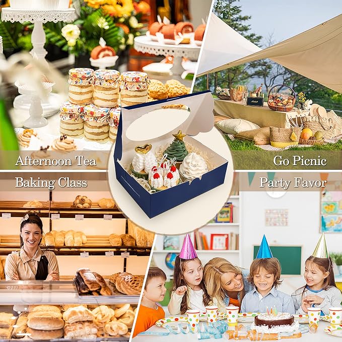 KPOSIYA 65 PCS 8x6x2.5 Inch Cookie Boxes with Window Blue Bakery Boxes Pastry Boxes for Gift Giving, Treat, Dessert, Cupcakes, Chocolate, Strawberries, Donuts, Muffins (5 Style Windows)