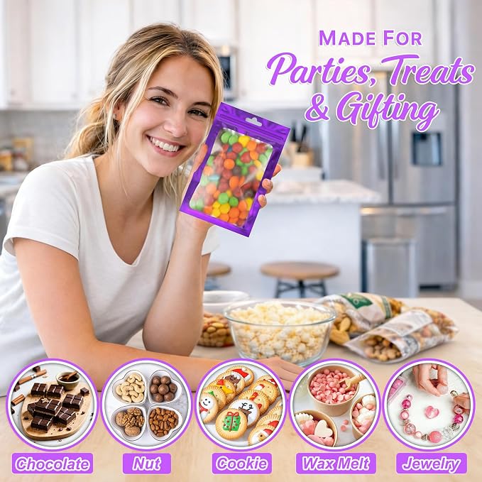 100 PCS Resealable Mylar Bags with Frosted Clear Window Packaging Bags Foil Pouch Zipper Bag for Food Self Sealing Storage Supplies (5.51x7.87, Purple)