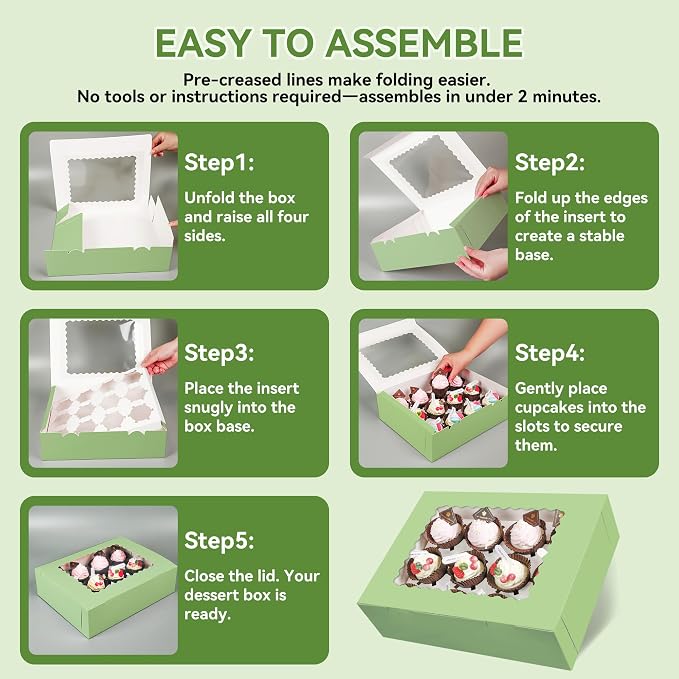 3-Set Cupcake Boxes Bulk with Clear Display Window Hold 12 Standard Cupcakes, Disposable Food Grade Green Cupcake Carrier Cupcake Container, Perfect for Cupcakes Muffins Cookies Pastries