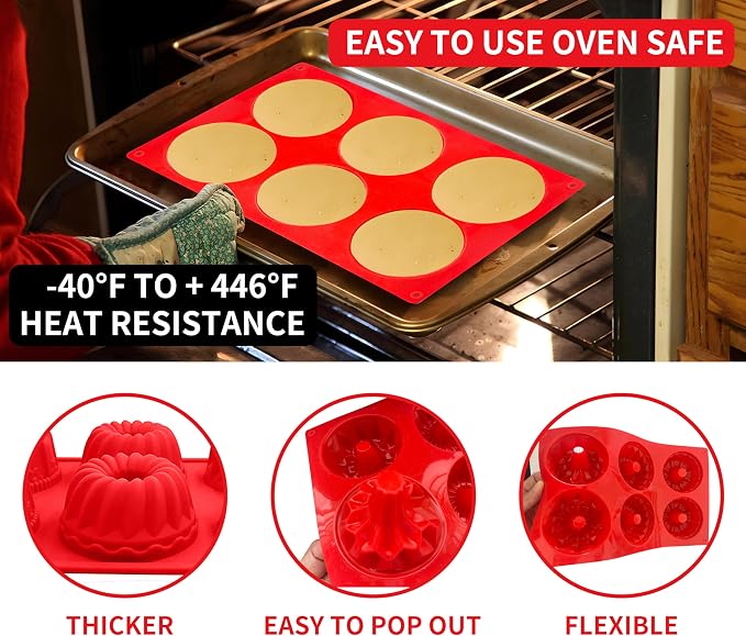 Mini Bundt Cake Pan,6-Cavity Fluted Tube Cake Pan, Non Stick Silicone Fancy Baking Molds for jello, Cupcake, Doughnut, Cornbread, Brownie (Red,Set of 3)