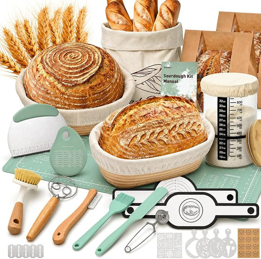 Sourdough Starter Kit – Complete Bread Baking Supplies with Round & Oval Banneton Bread Proofing Basket, Starter Jar, Bread Slings, Silicone Mat, Scrapers – Baking Tools Gift for Home Bakers