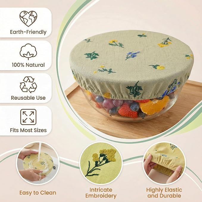Reusable Bowl Covers (Set of 4) - Breathable Cotton Linen Sourdough Accessories - Elastic Durable Fabric Food Lids for Proofing Baskets & Bread Baking Supplies (Pale Mustard)