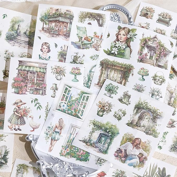 Haruno Theme Sticker Scrapbooking Supplies for Junk Journal, 50 Sheets Washi Stickers - Vintage Journaling Stickers