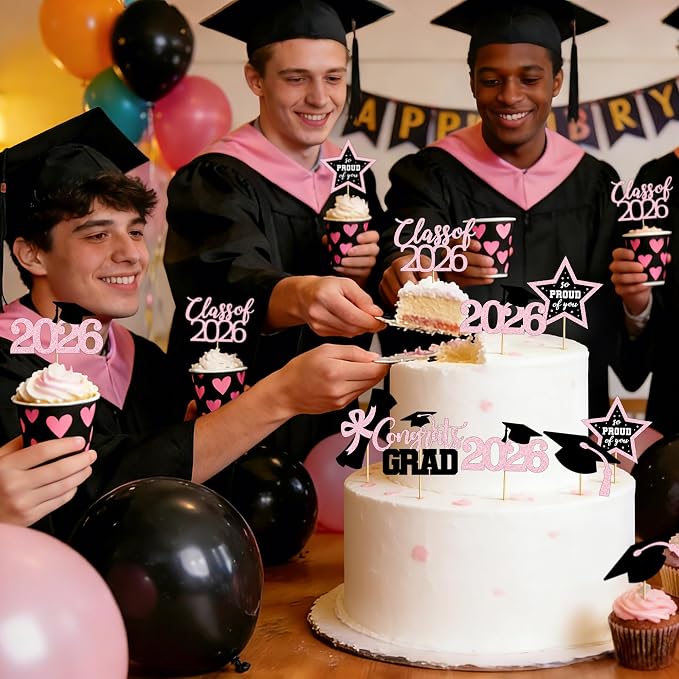 48 PCS Grad Cupcake Toppers, 6 Styles Graduation Cake Topper, Congrats Glittery Graduation Decorations 2026, Black and Pink Cap and Diploma Cake Picks for Grad Party Supplies