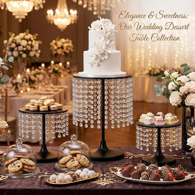 Metal Cake Stand Set with Crystal Pendants - Elegant Dessert Table Display for Weddings, Birthday Parties, Baby Showers, Events - Sturdy Crystal Bling Cupcake Stands for Pastries, Sweets, Decorations (Black, Set of 3)