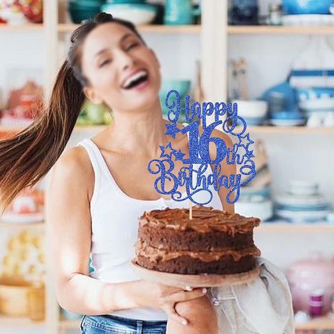 1 PCS Happy 16th Birthday Cake Topper Glitter Cheers to 16 Years Birthday Cake Pick Hello 16 Fabulous Cake Decoration for Happy 16th Birthday Anniversary Party Decorations Supplies Blue