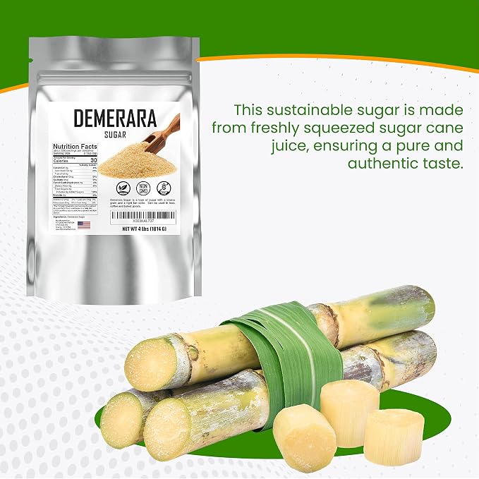 Bulk Demerara Sugar 4 lbs. Pure Unrefined Brown Crystals for Baking and Cooking. Value Size Bag.