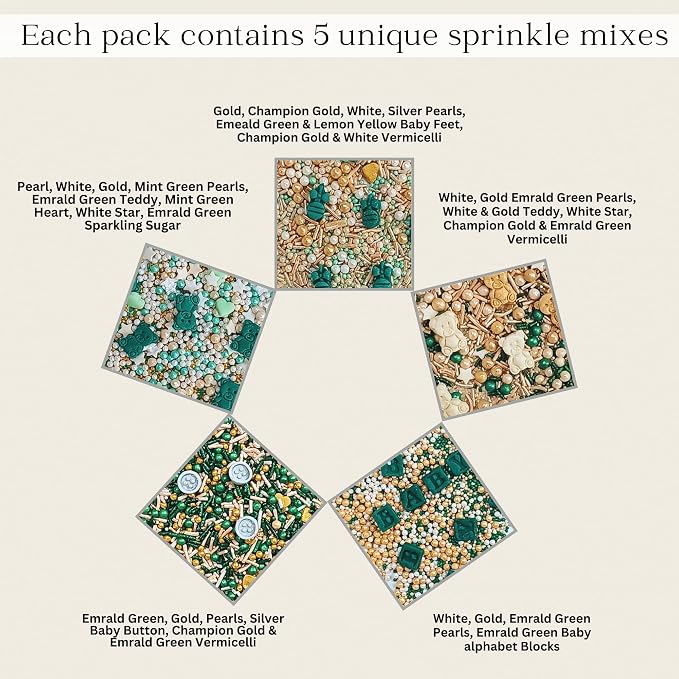 Confect Neutral Baby Shower Sprinkles | Mix Sage Green, Pearl, Lavander & Gold Sprinkles | Gender Reveal Sprinkles | Birthday Sprinkle | Assorted Pack of 5 Edible Sprinkle | Vegan, Gluten-Free, Nut-Free, Soy-Free, Dairy-Free, Palm Oil-Free - 5 Oz