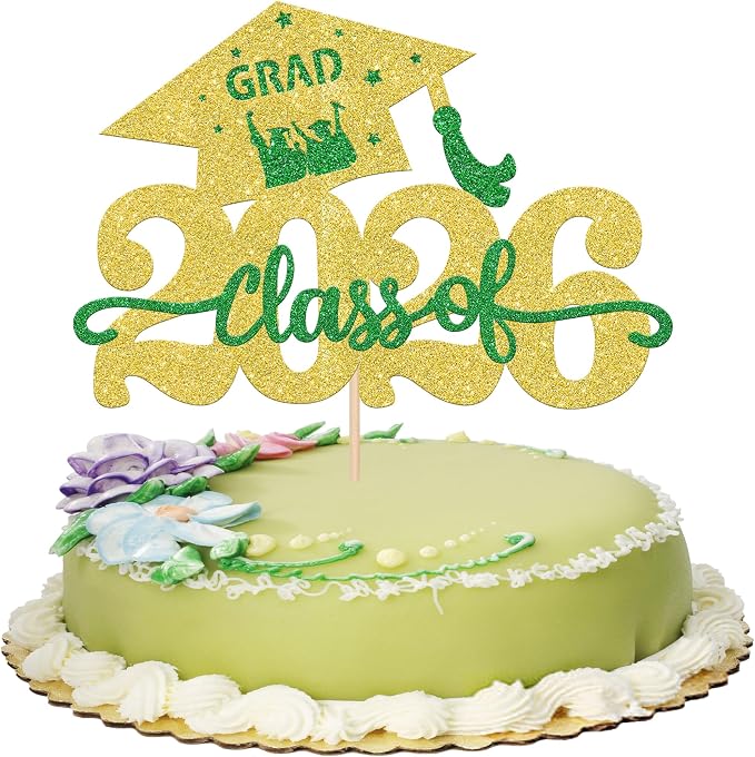 1 Pack Class of 2026 Cake Topper Glitter Congrats Grad Cap 2026 Graduation Cake Pick for 2026 Graduation Theme High School Graduate Party Cake Decorations Supplies Gold Green