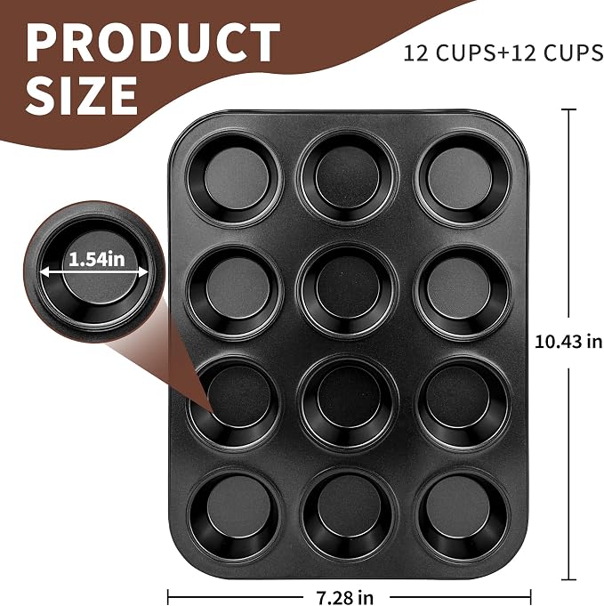 2 Pack 12-Cup Mini Muffin Pan, Heavy-Duty Carbon Steel Nonstick Cupcake Baking Pan, 1.54” Small Size Cups, Even Heat Distribution, Oven & Dishwasher Safe (Black)