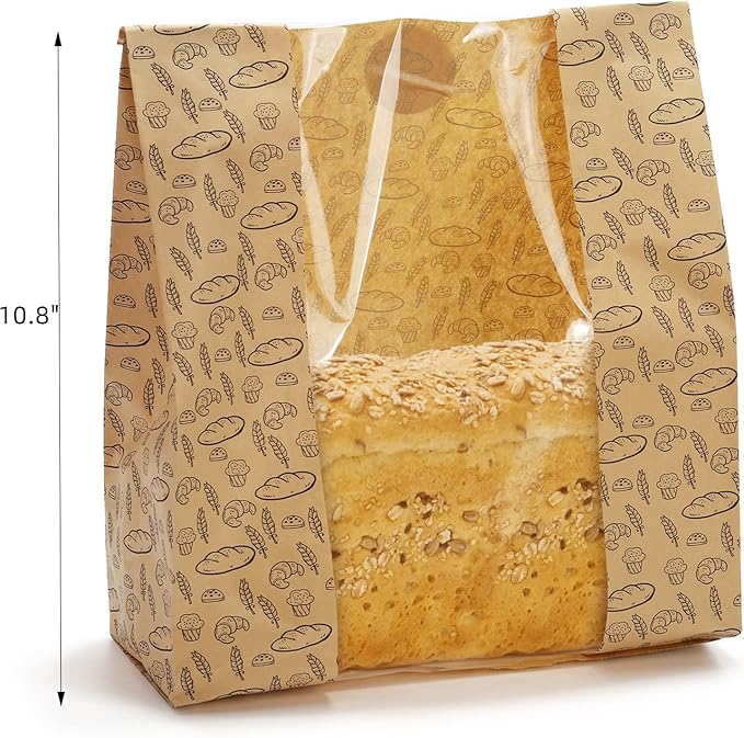 Hacaroa 100 Pack Paper Bread Bags with Clear Window, 10.8"x10"x4" Kraft Bakery Bag with 100 Stickers, Brown Toast Packaging Bags for Sourdough Bread, Cookie