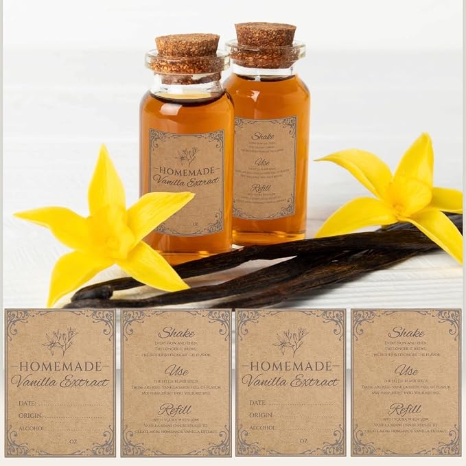 120PCS Homemade Vanilla Extract Labels for Gift Bottles, 60 Sets | 1.5" x 2" Vanilla Extract Stickers with Front & Back Designs for Handcrafted Homemade Bottles & Gifts, Made from Kraft Paper