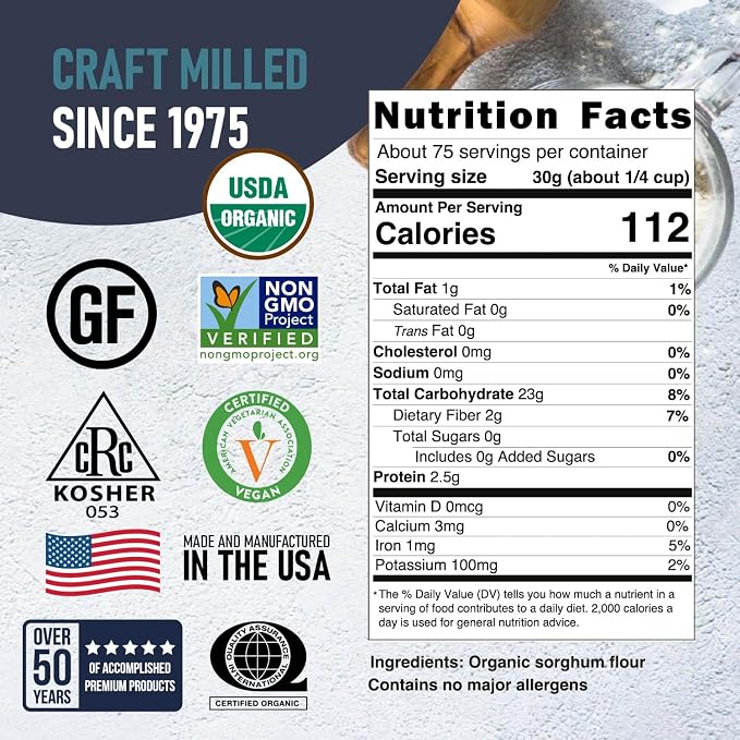 Great River Milling Organic Sorghum Flour | Gluten Free Whole Grain Flour | USDA Organic, Non-GMO, Kosher, Vegan Certified | Mild, Versatile Baking Ingredient for Breads, Cookies & Batters | 5 Lb