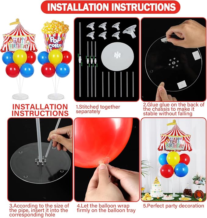 4 Sets Carnival Circus Party Balloons Stand Kit with Circus Tent Popcorn Foil Balloons Plim Theme Party Ball Balloon Centerpiece for Tables for Carnival Themed Birthday Baby Shower Decoration
