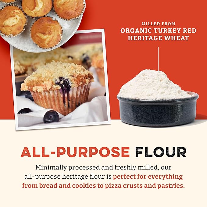 Sunrise Flour Mill Heritage Organic White Flour | USDA Organic All Purpose Flour Unbleached - Non-GMO, Kosher, Grown Without Glyphosate, High Protein for Baking, Unbromated White Wheat (32 Ounce (Pack of 1))