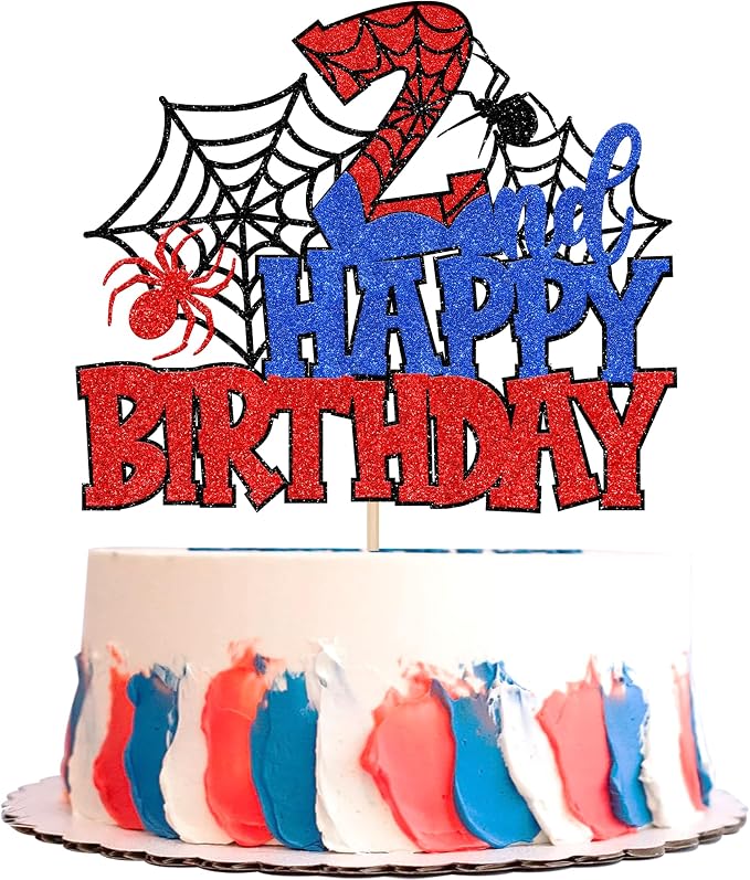 1 PCS Happy 2nd Birthday Cake Topper Glitter Spider Web Cheers to 2 Years Two Birthday Cake Pick Superhero Spider Party Cake Decorations for Kids Boys Girls Happy Second Birthday Party Supplies