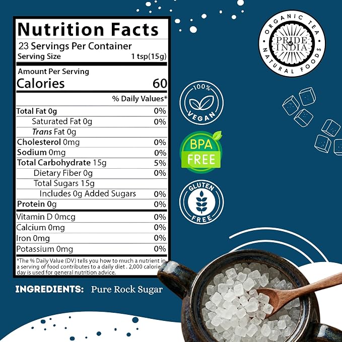 Pride Of India - Natural Crystal Rock Sugar Whole - 12 oz (340 gm) Medium Dual Sifter Jar - Authentic Indian Sugar Crystals - Used to Sweeten Milk or Tea - Offers Best Value for Money